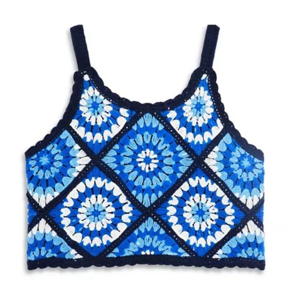 AQUA Boho Blue Allover Crochet Sleeveless Cropped Top Size L - Picture 1 of 7